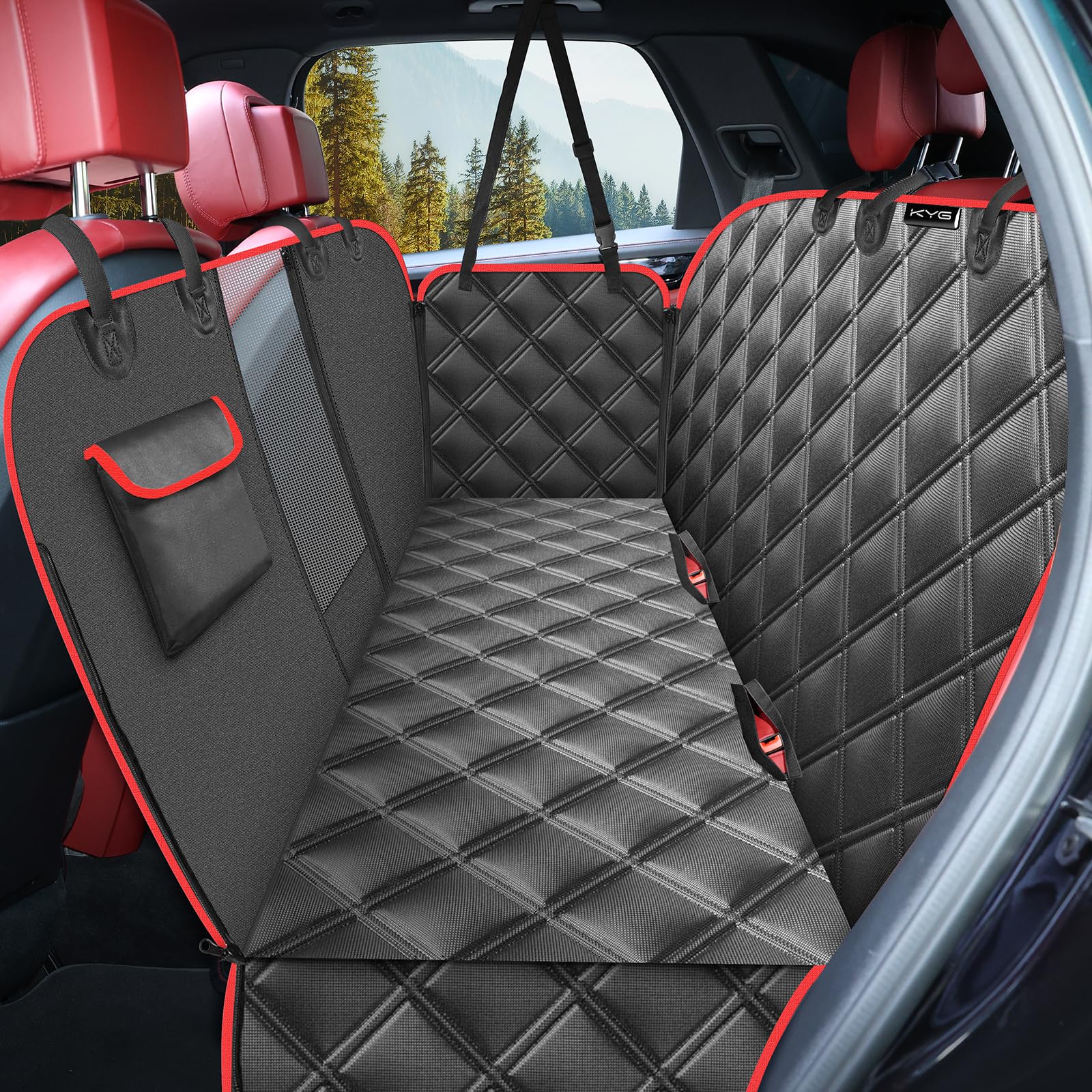 KYG Dog Car Seat Cover Dog Hammock For Car Back Seats With Side Protection And Mesh Visual Window, Durable Scratch Proof And Waterproof Pet Car Seat Cover For Cars/Trucks/Suv 135 X 148 Cm Red & Black