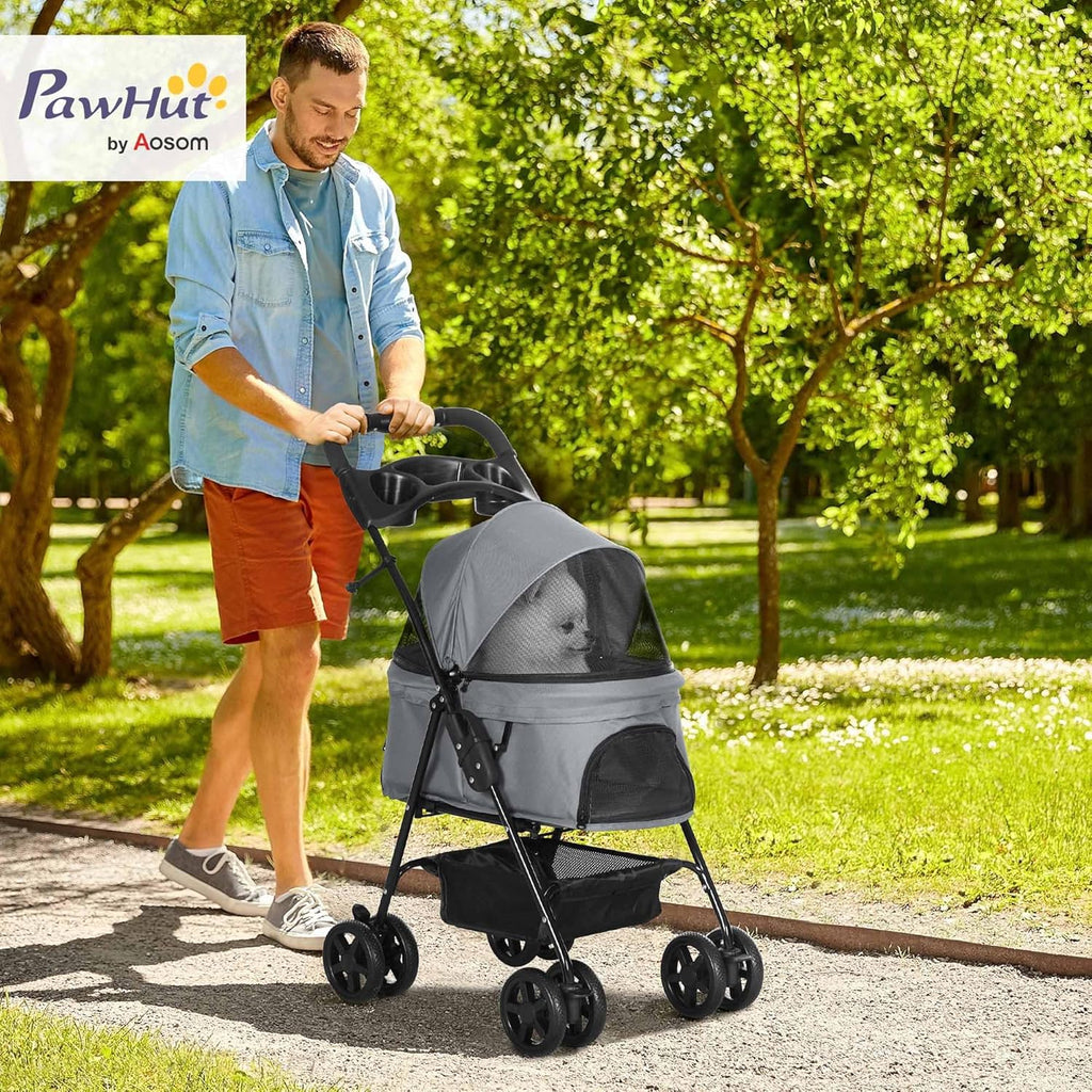 PawHut Dog Pram Dog Stroller Foldable Pet Pushchair with 4 Wheels, Safety Leashes, Cup Holder for Dogs,