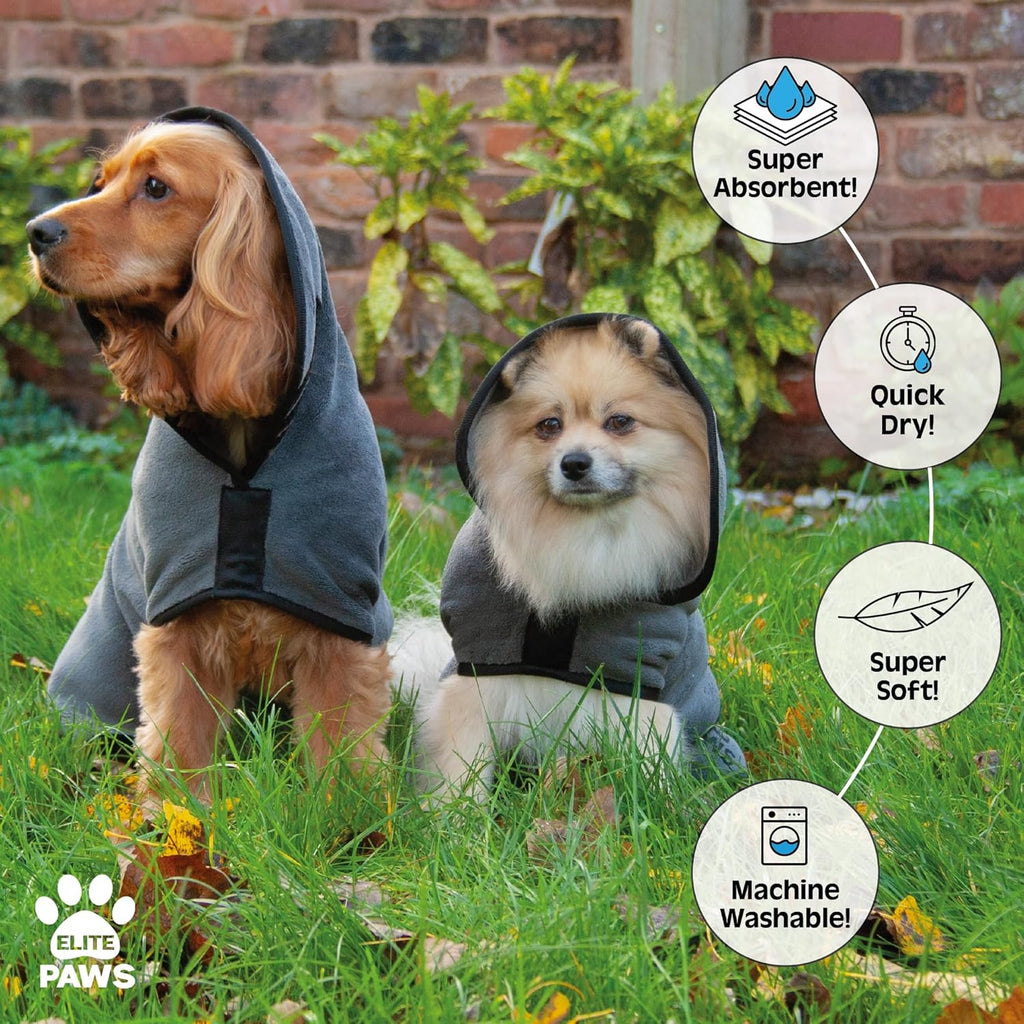 Elite Paws® UK: Luxury Dog Drying Coat, Thicker & Softer Than Most Bath Robes, Dries Pets in About 20-30 Mins, Super Absorbent Microfibre, Limits Mess, Covers Ears, All-Season Dressing Gown Towel, M