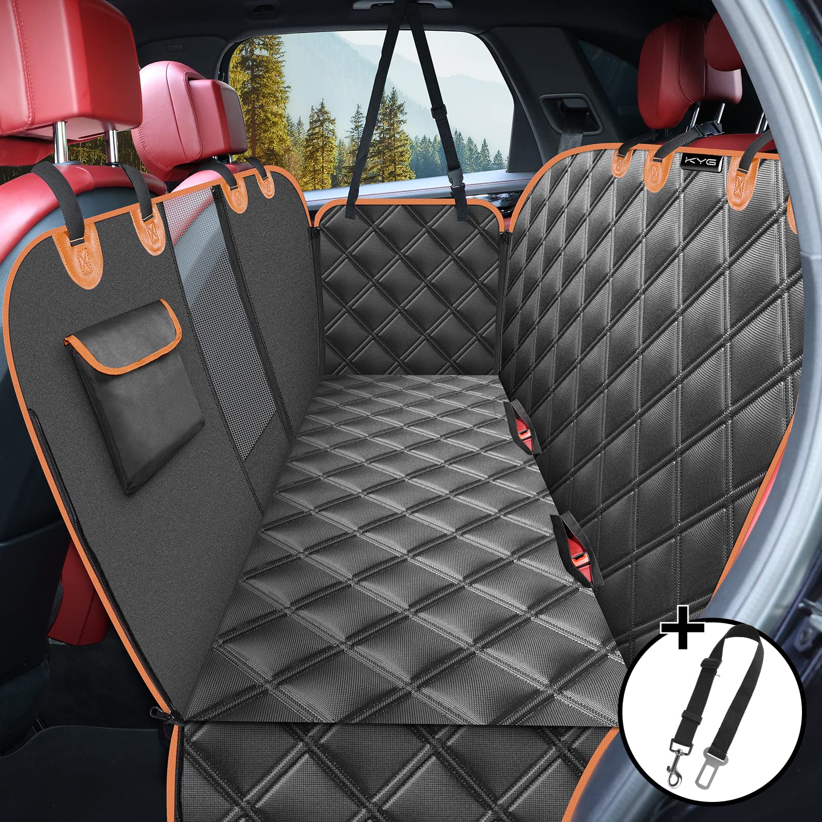 KYG Dog Car Seat Cover Dog Hammock For Car Back Seats With Side Protection And Mesh Visual Window, Durable Scratch Proof And Waterproof Pet Car Seat Cover For Cars/Trucks/Suv 135 X 148 Cm Red & Black